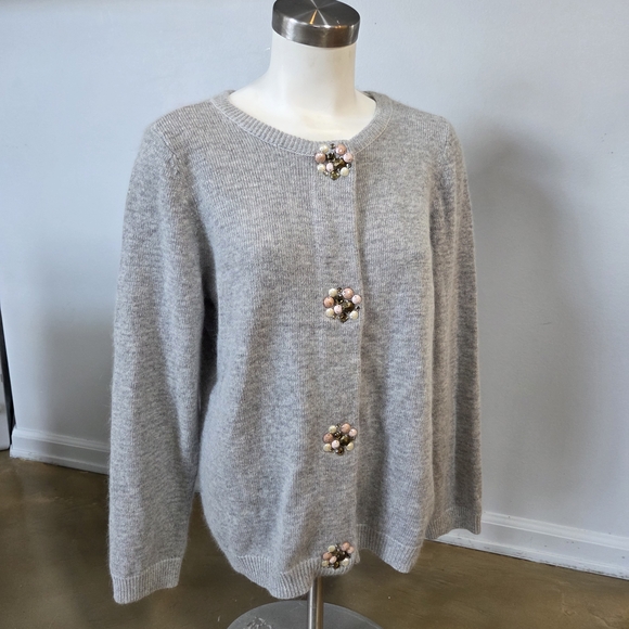 Christopher & Banks Light Gray Cardigan with Floral Buttons - Picture 1 of 9